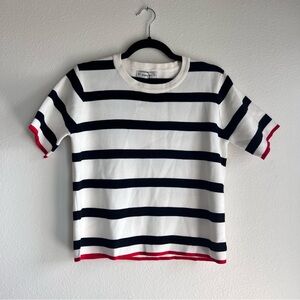 zara • black & white striped short sleeve crew neck sweater with red • medium